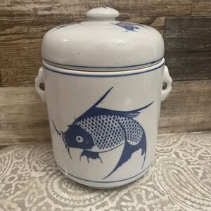 Vintage PIER 1 Blue White Ceramic Koi Fish Jar Container with Lid